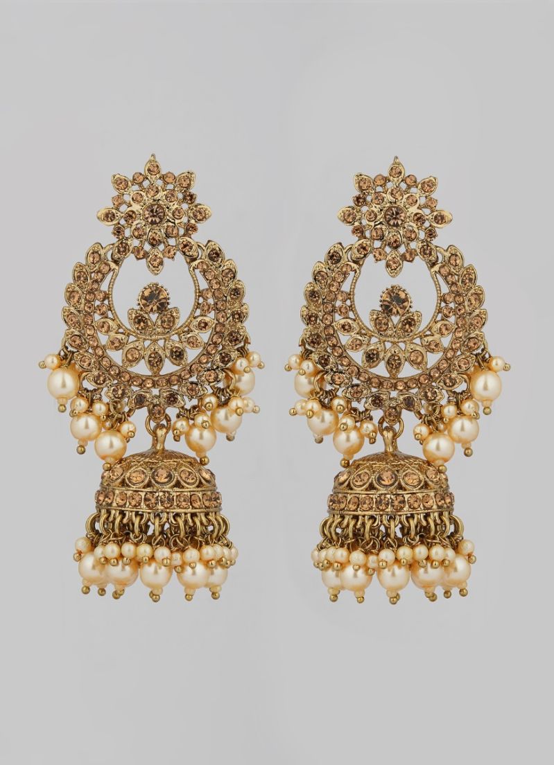 Gold Crystal Pearl Jumki and Tikka Set
