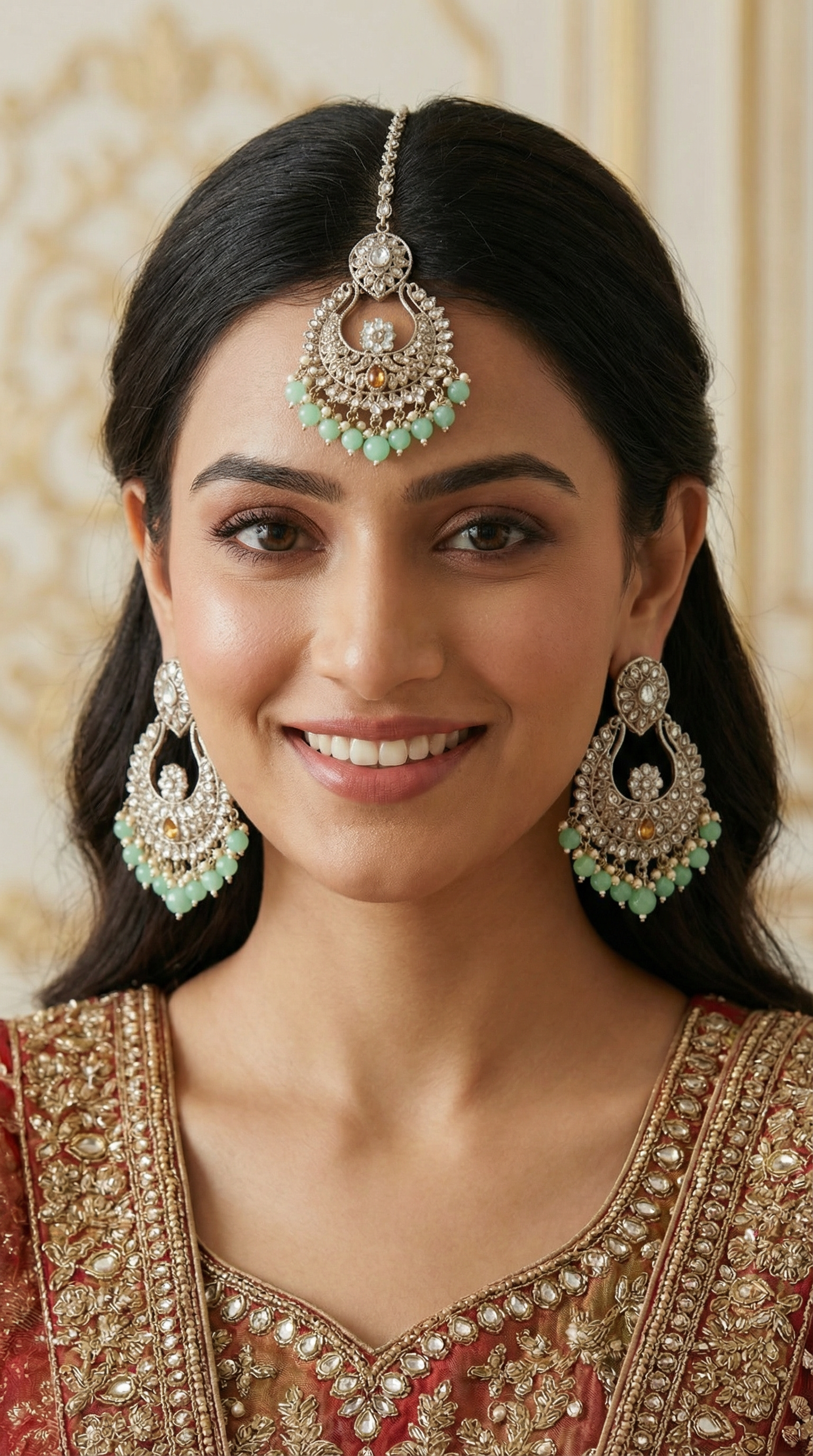 Women’s Mint Green Chandbali Earrings with Tikka