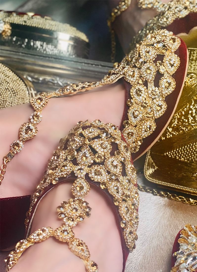 Buy Gold Embroidered Maroon Colour Jutti Set