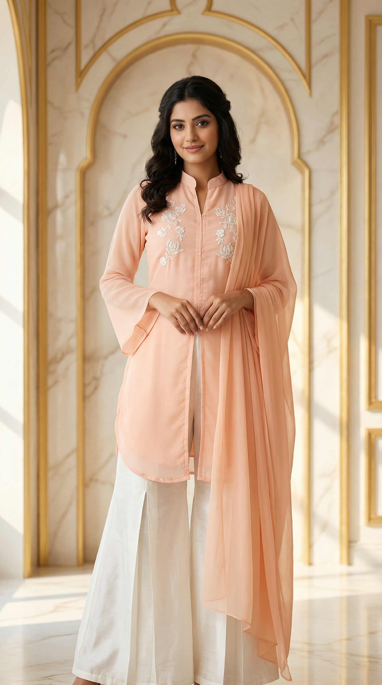 Peach Georgette Shift Set with Ivory Thread Work