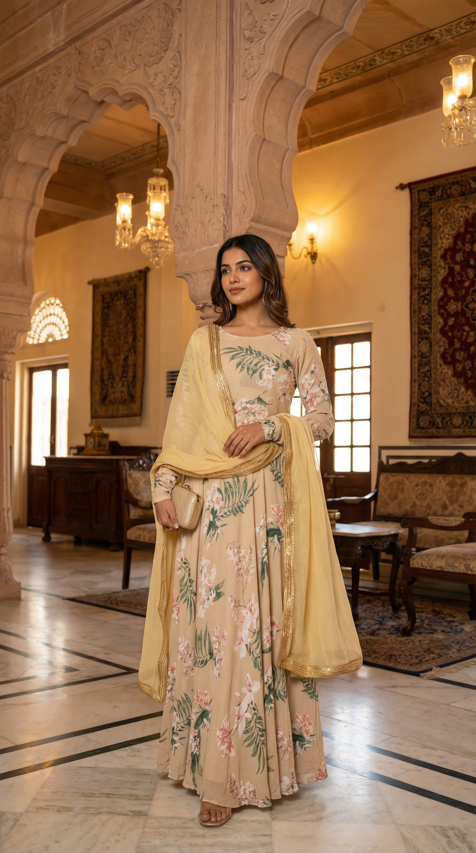 Beige Bold Floral Anarkali Suit