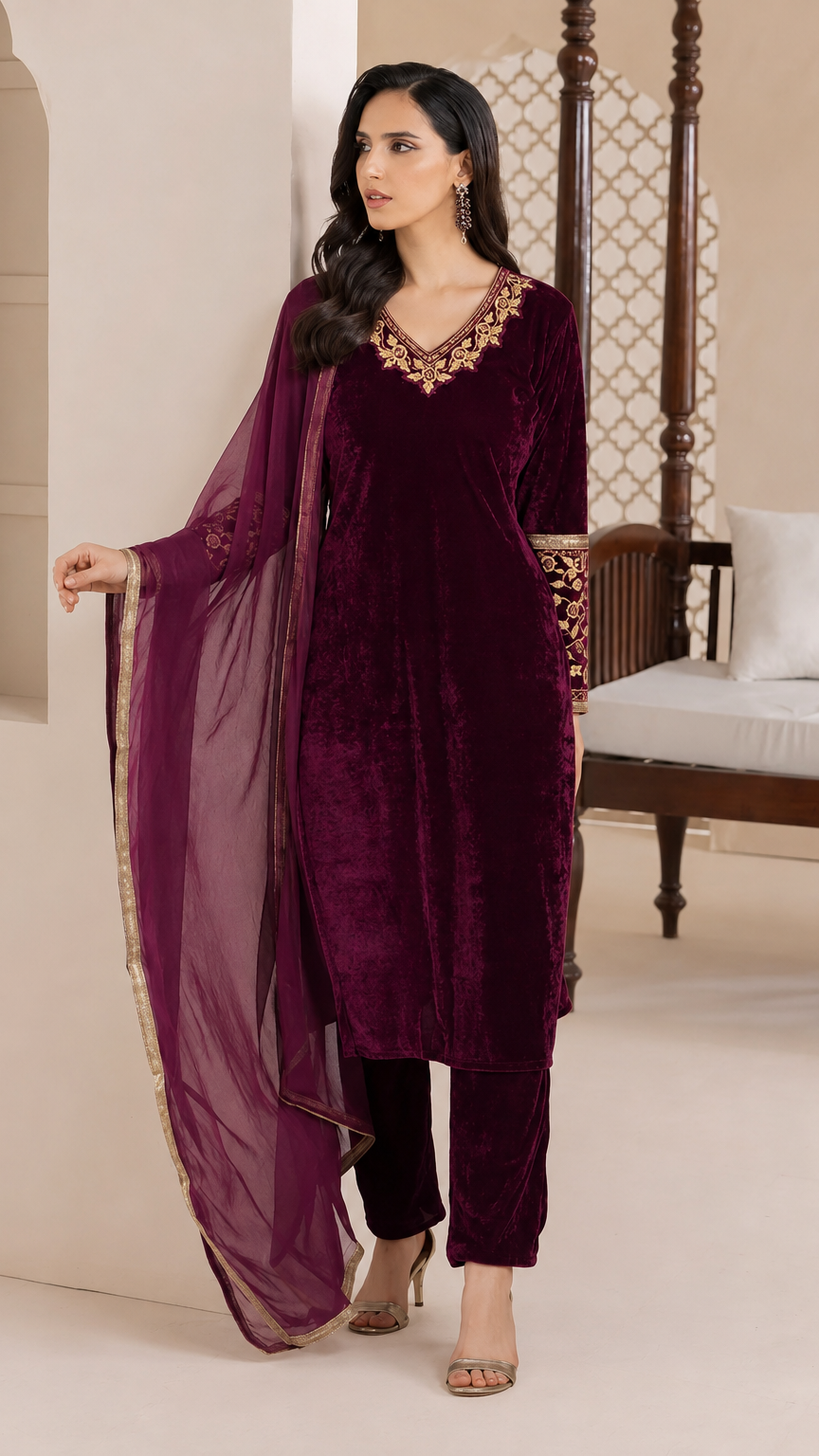 Plum purple velvet women’s salwar kameez suit with matching trousers and sheer dupatta, gold embroidered neckline and trim, elegant Asian ethnic wear by Diya Online