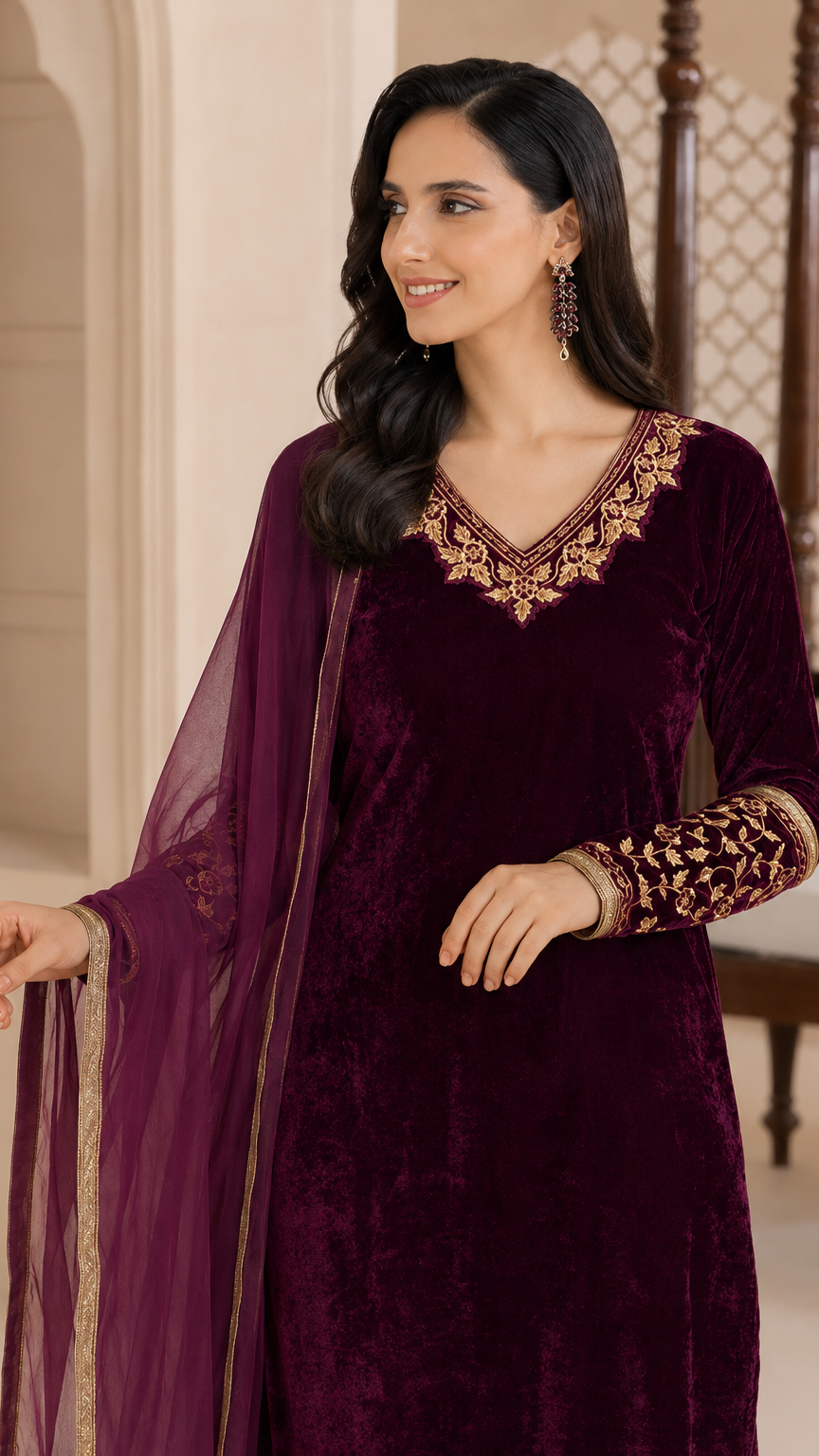 Plum purple velvet women’s salwar kameez suit with matching trousers and sheer dupatta, gold embroidered neckline and trim, elegant Asian ethnic wear by Diya Online