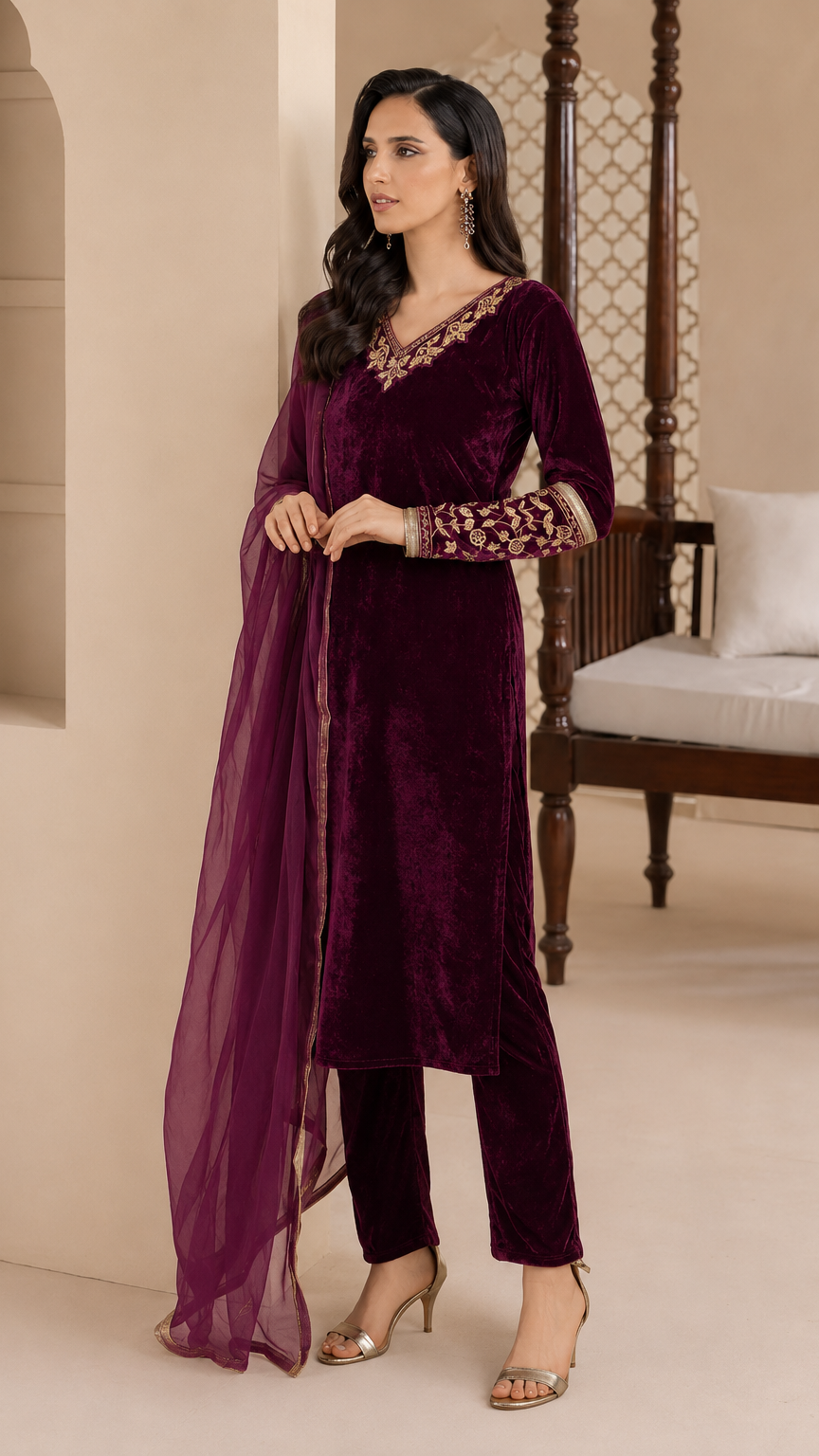 Plum purple velvet women’s salwar kameez suit with matching trousers and sheer dupatta, gold embroidered neckline and trim, elegant Asian ethnic wear by Diya Online