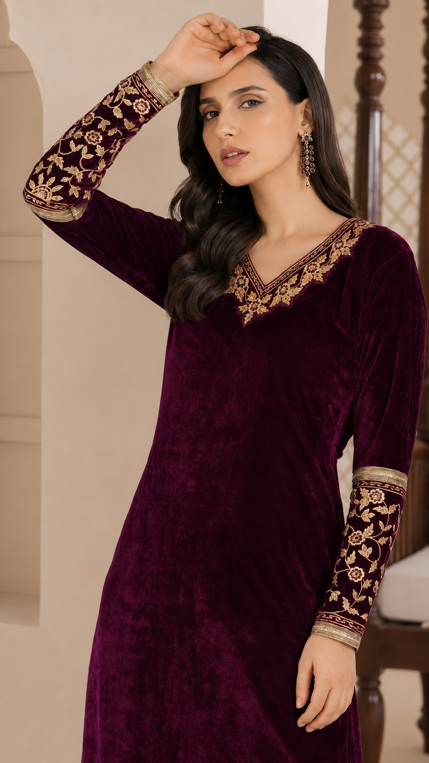 Plum purple velvet women’s salwar kameez suit with matching trousers and sheer dupatta, gold embroidered neckline and trim, elegant Asian ethnic wear by Diya Online