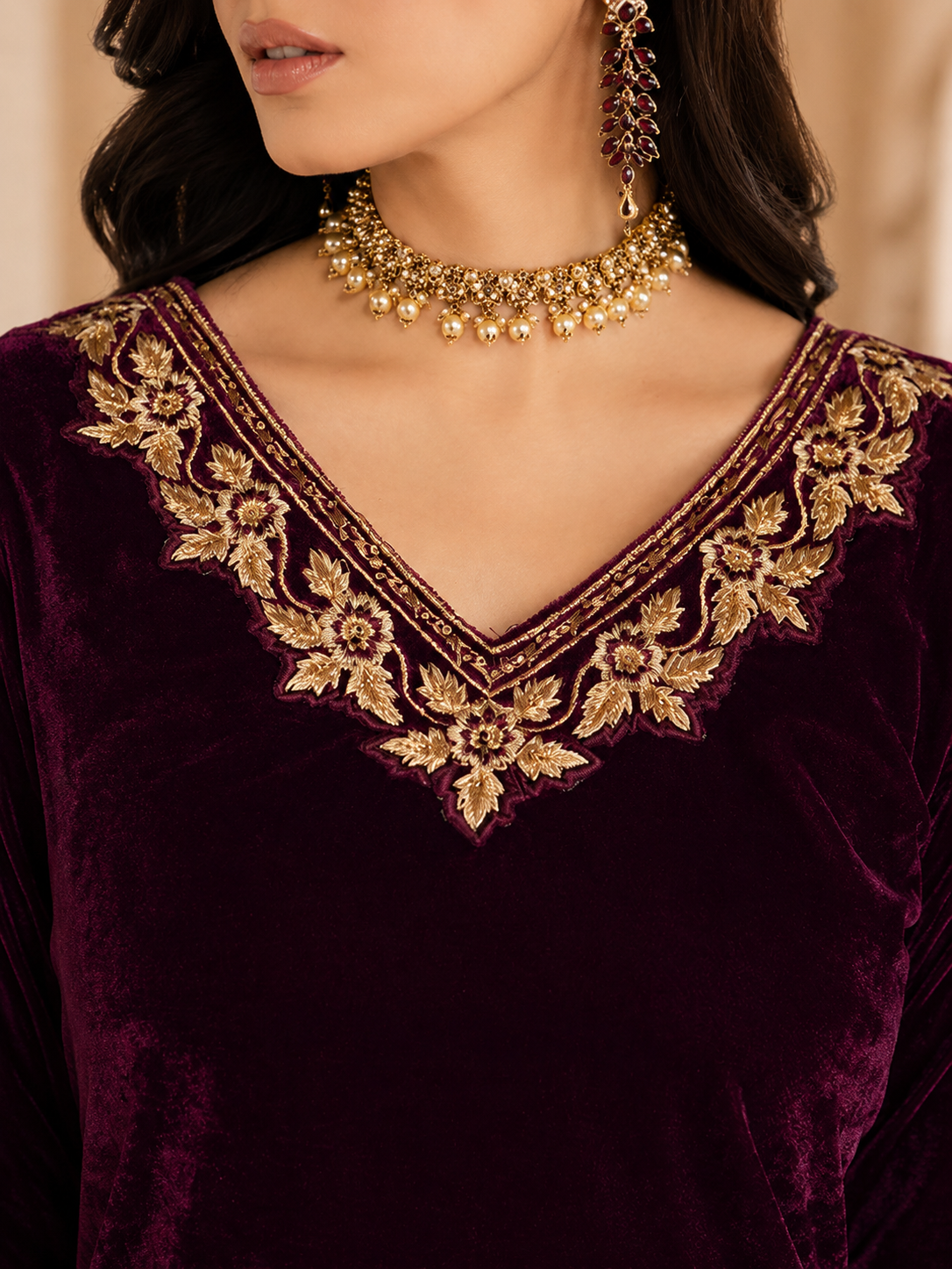Plum purple velvet women’s salwar kameez suit with matching trousers and sheer dupatta, gold embroidered neckline and trim, elegant Asian ethnic wear by Diya Online