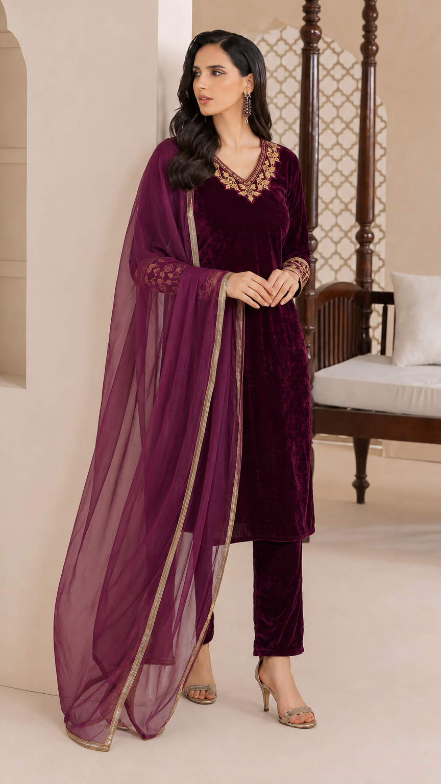 Plum purple velvet women’s salwar kameez suit with matching trousers and sheer dupatta, gold embroidered neckline and trim, elegant Asian ethnic wear by Diya Online