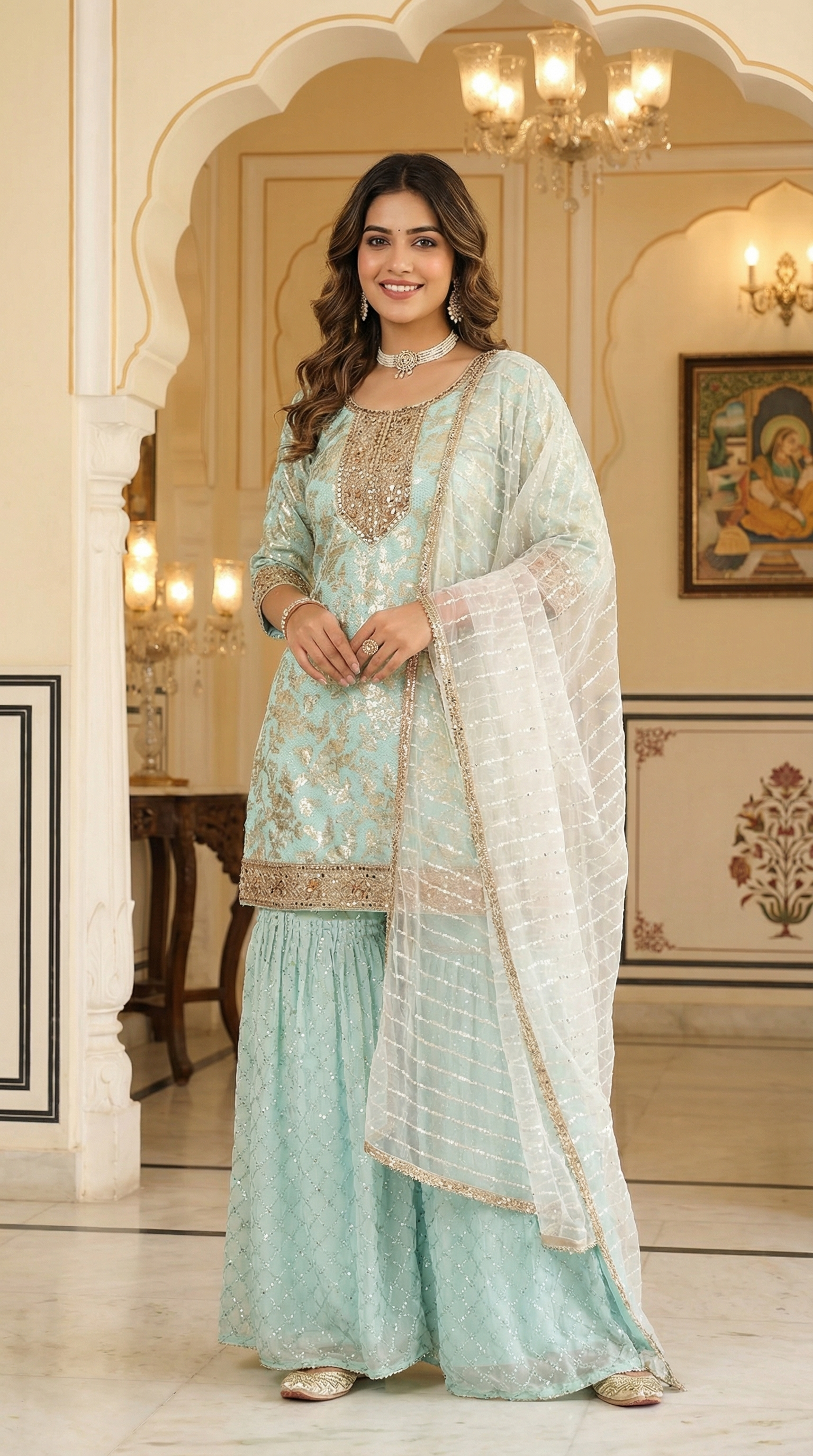 Light Blue Georgette Sippi Work Embroidered Suit Set