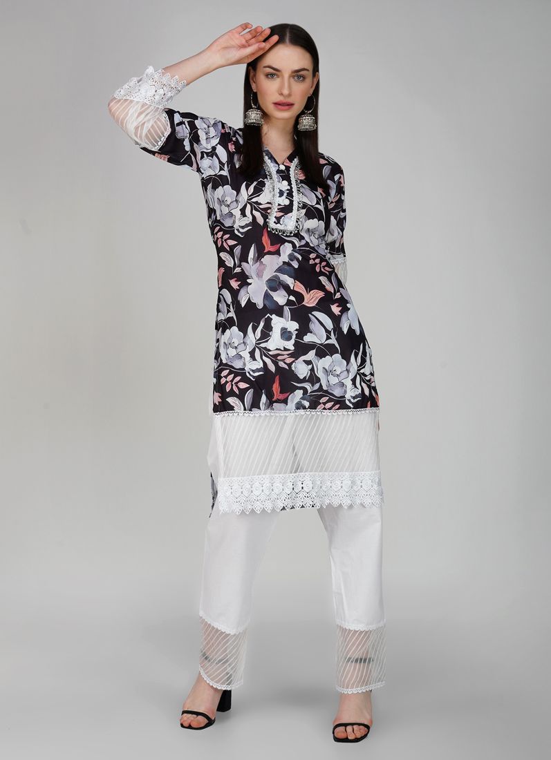 Buy Black Embroidered Straight Cut Trouser Suit Set