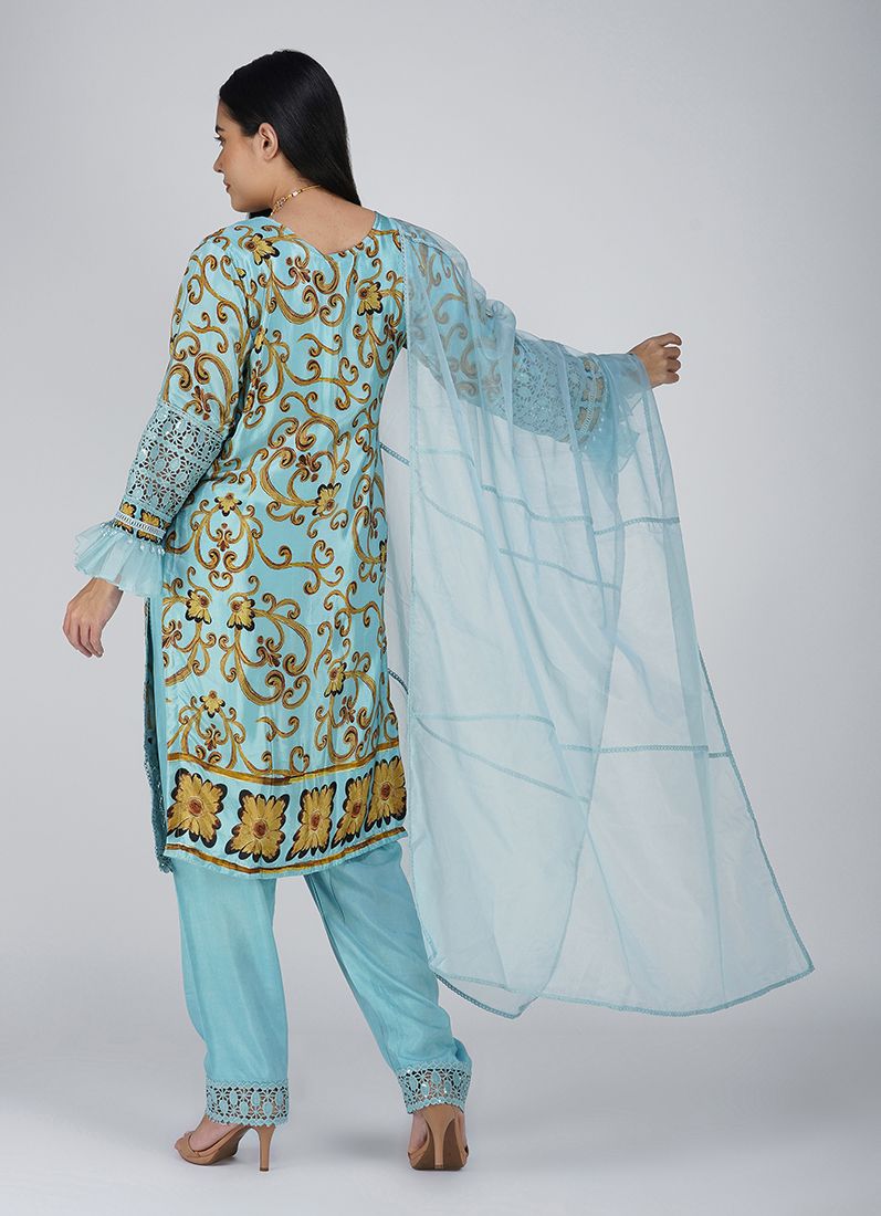 Buy Light Blue Crepe Straight Cut Suit