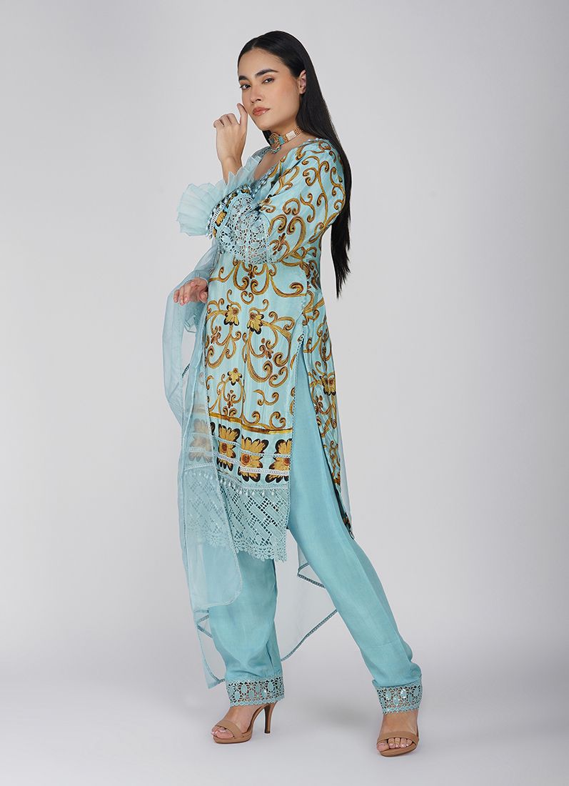 Buy Light Blue Crepe Straight Cut Suit
