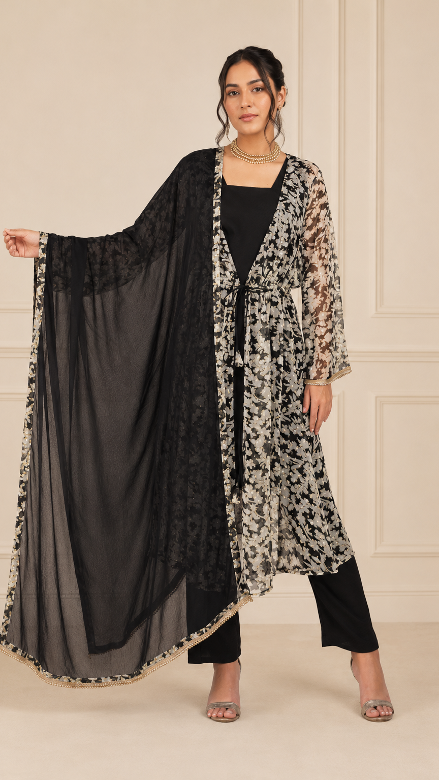 Black and ivory women’s floral salwar kameez suit with matching trousers and sheer black dupatta, elegant Asian ethnic wear by Diya Online