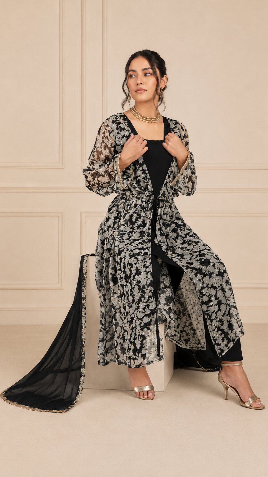 Black and ivory women’s floral salwar kameez suit with matching trousers and sheer black dupatta, elegant Asian ethnic wear by Diya Online