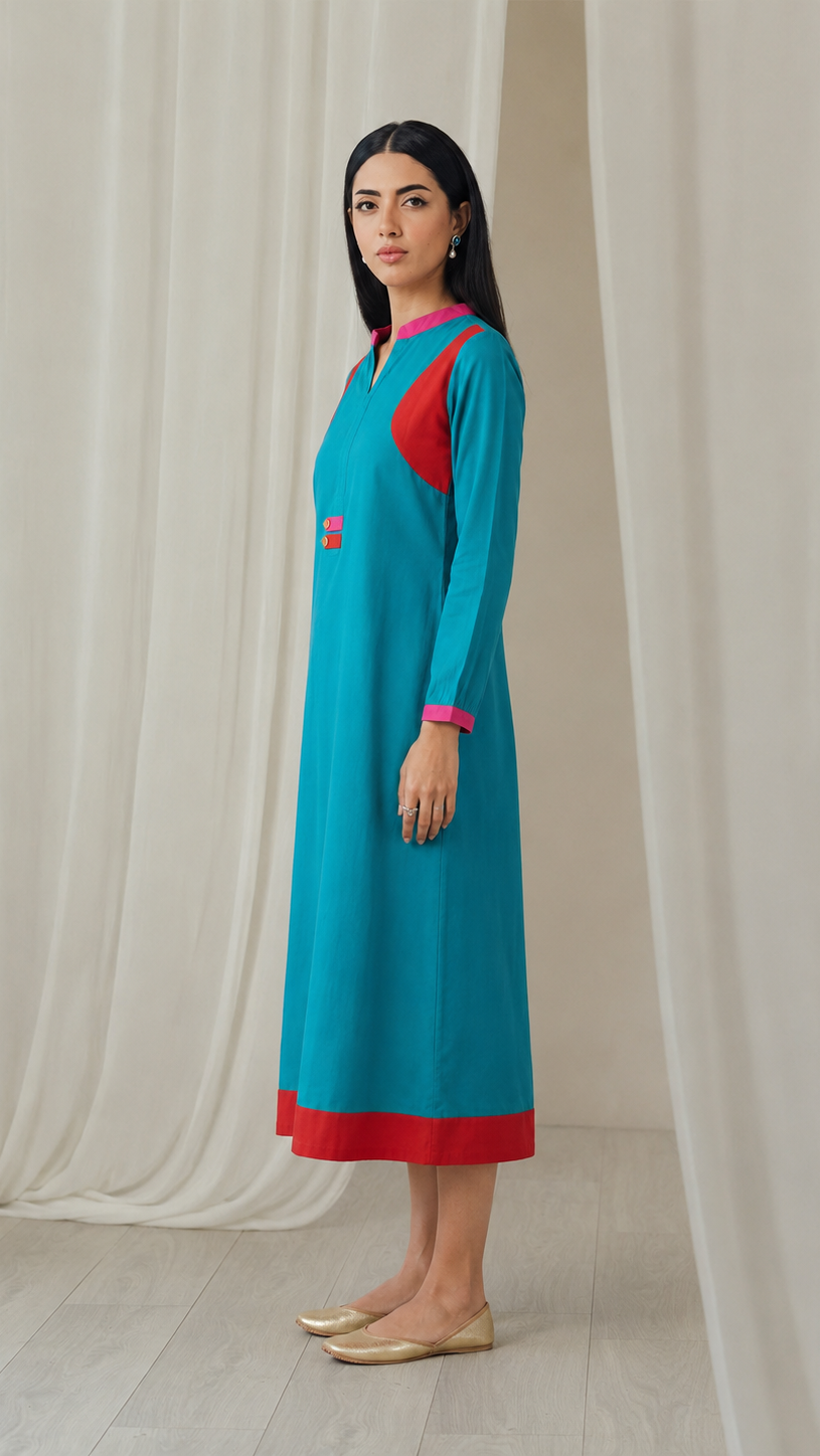 Turquoise blue women’s kurta dress with red border, pink collar detail and long sleeves, modest Asian ethnic wear by Diya Online