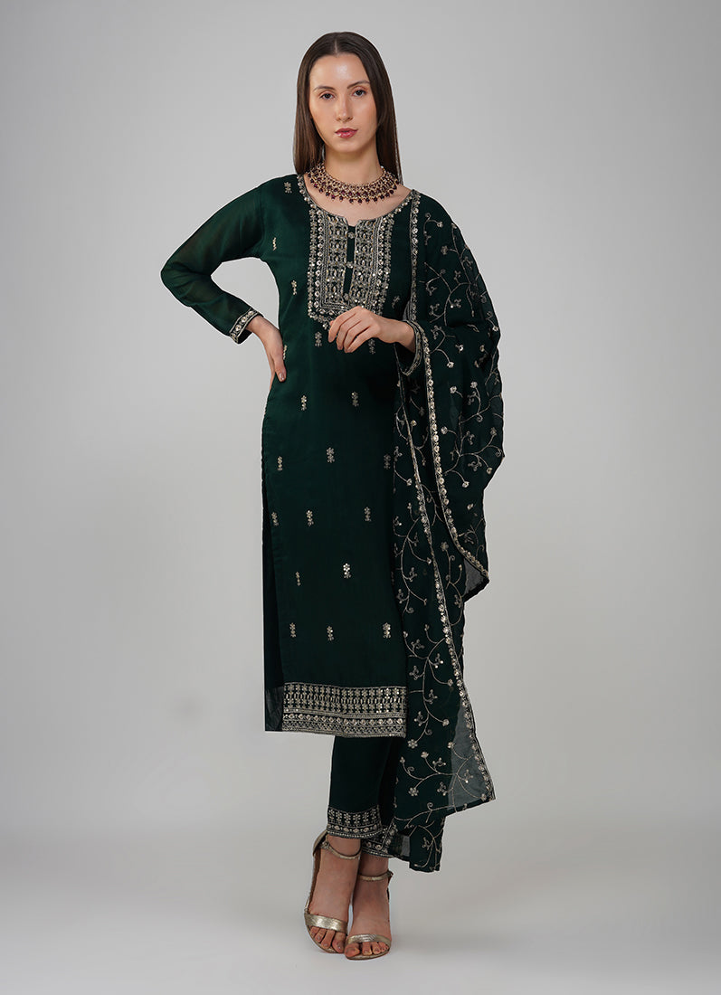 Dark Green Silk Embroidered Suit Set