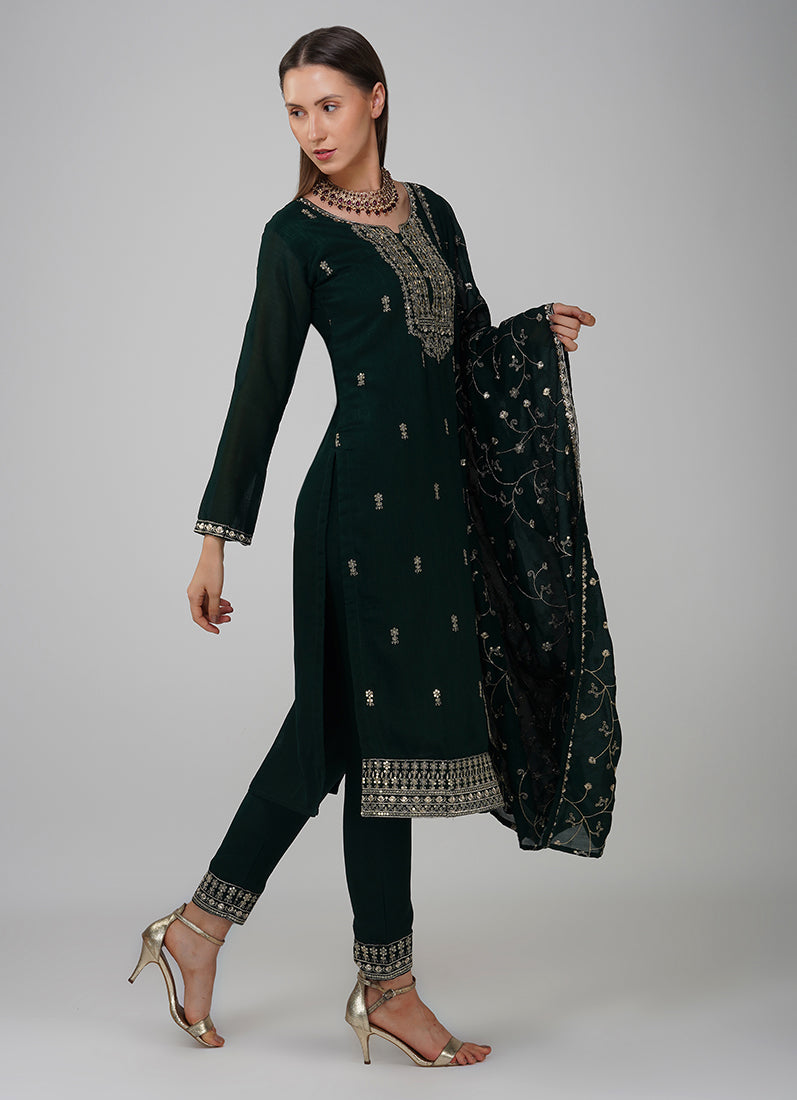 Dark Green Silk Embroidered Suit Set