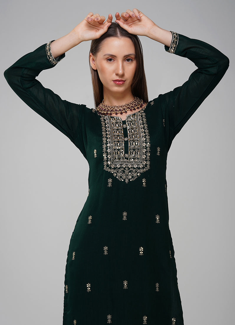 Dark Green Silk Embroidered Suit Set