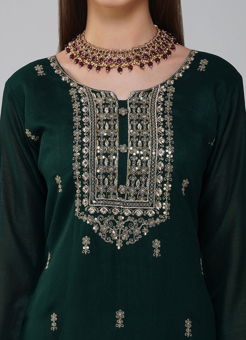 Dark Green Silk Embroidered Suit Set