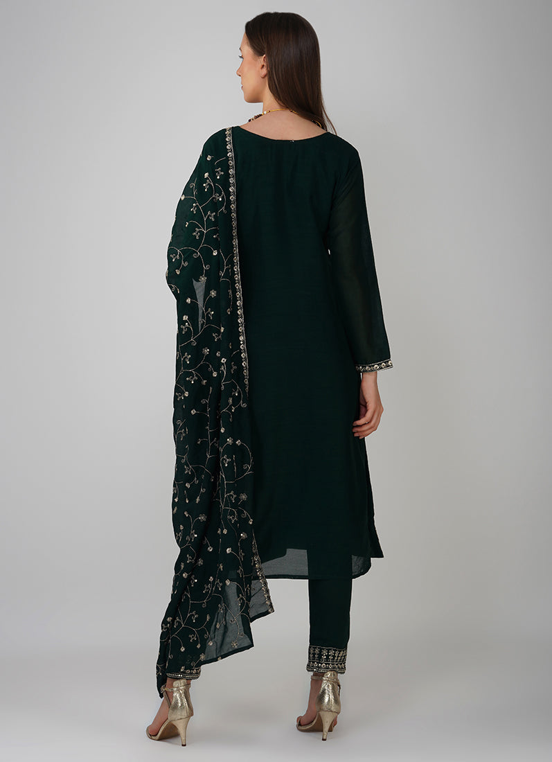 Dark Green Silk Embroidered Suit Set
