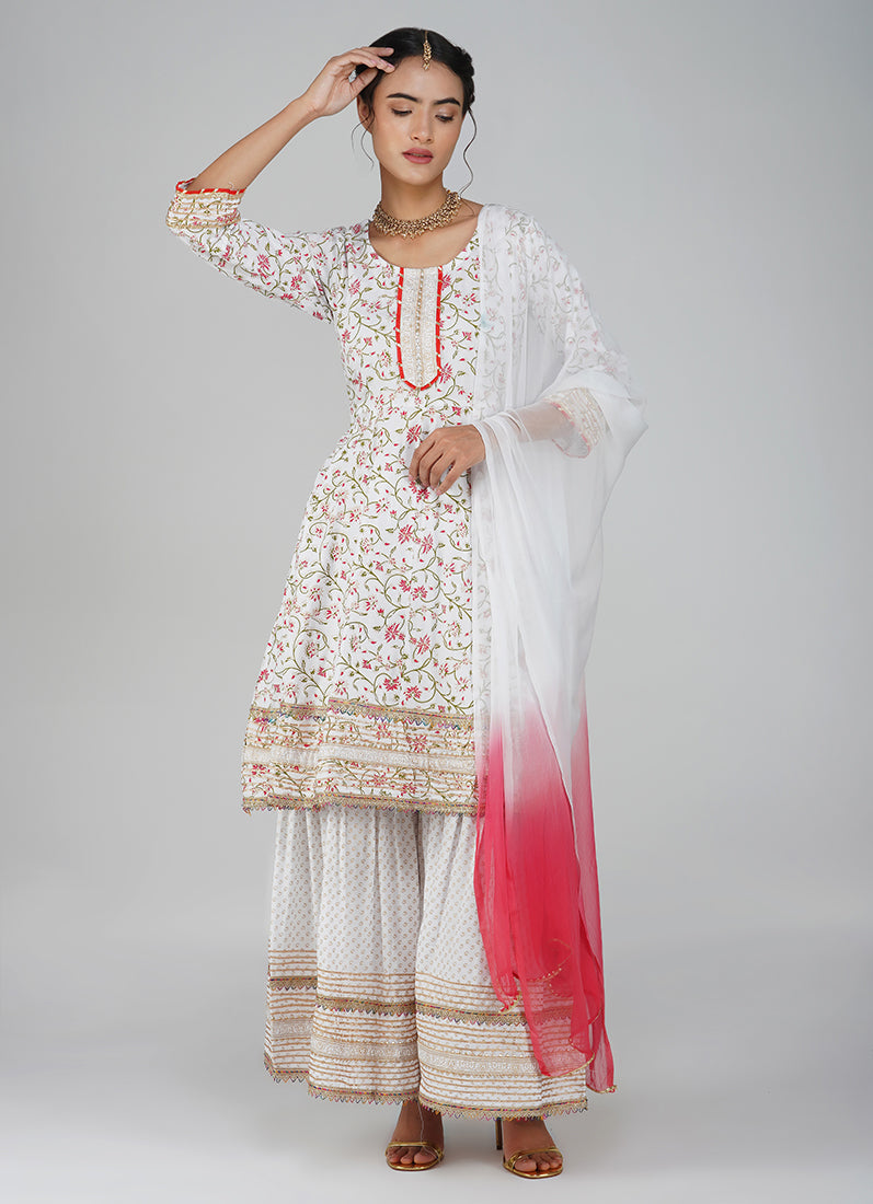 White Rayon Embroidered Peplum Suit Set