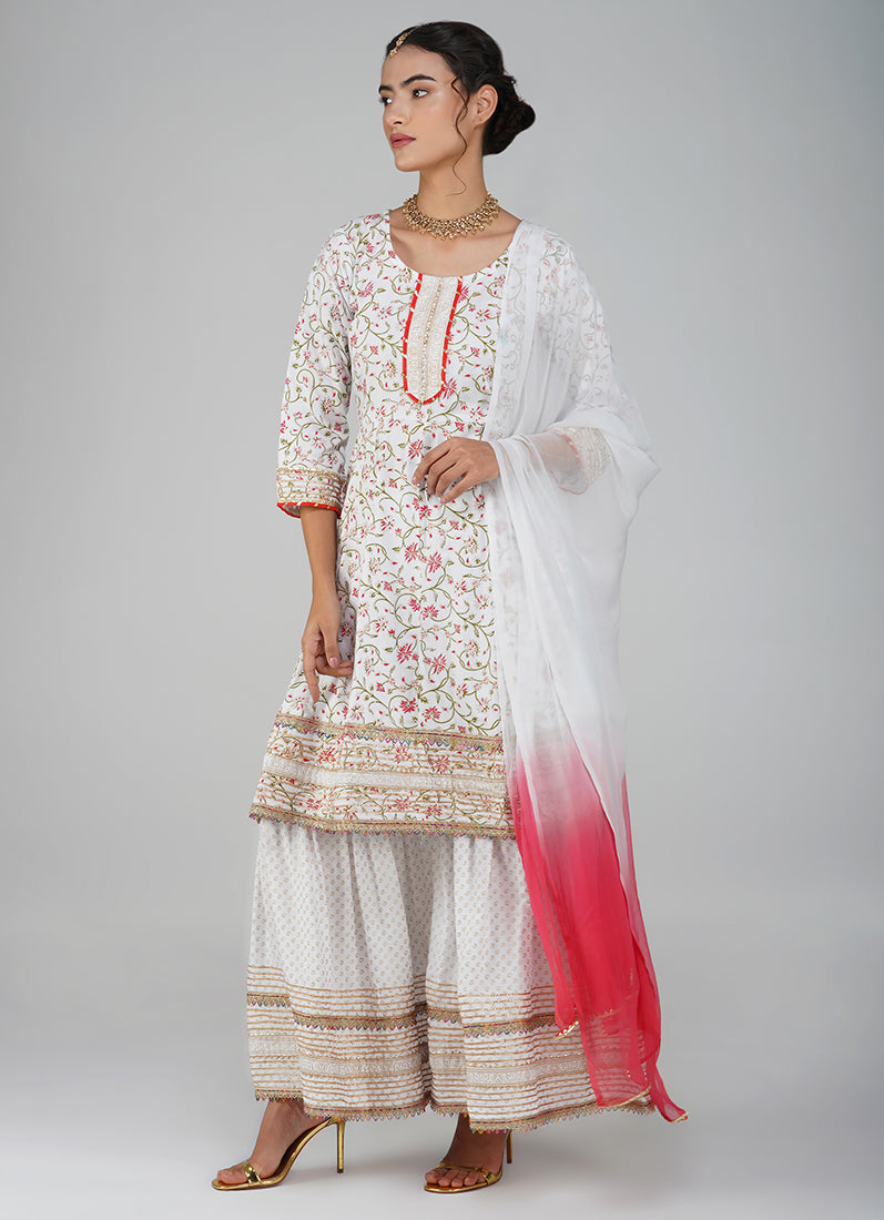 White Rayon Embroidered Peplum Suit Set