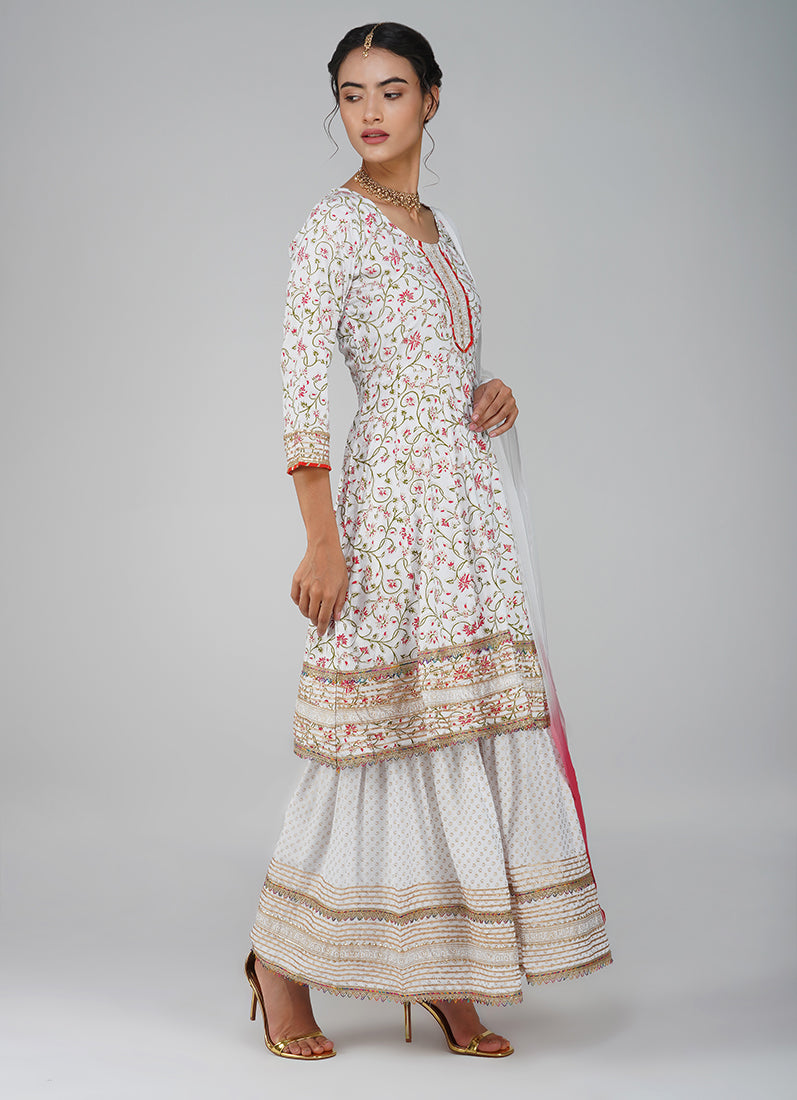 White Rayon Embroidered Peplum Suit Set