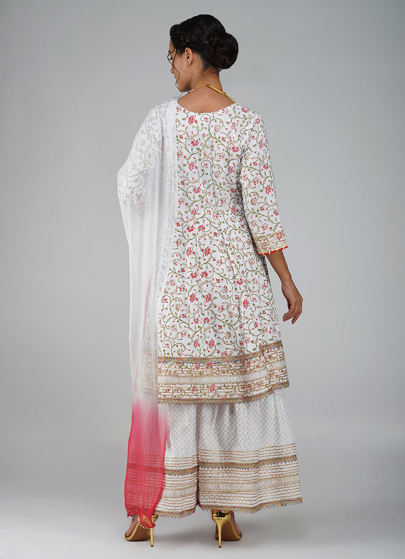 White Rayon Embroidered Peplum Suit Set