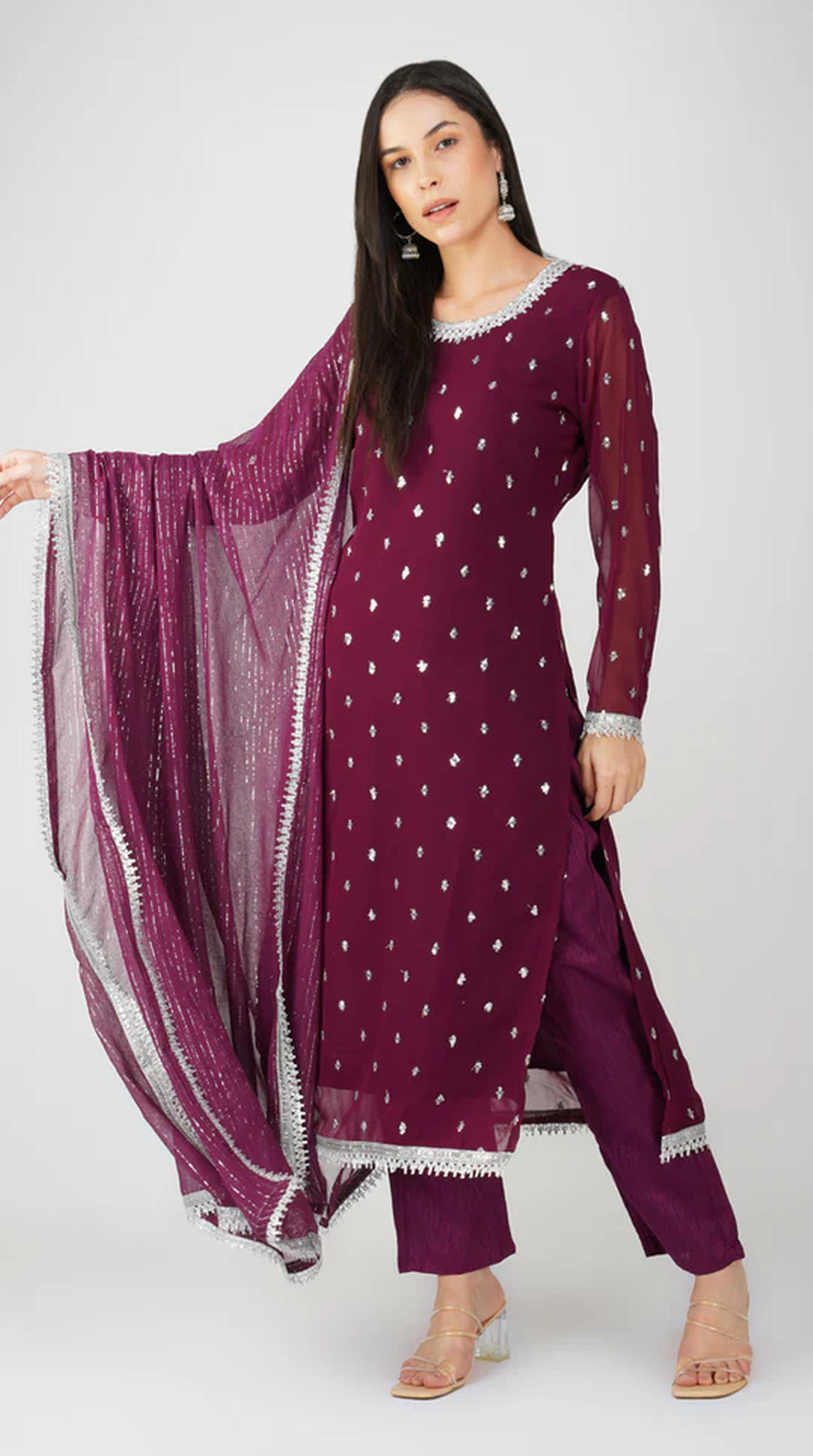 Wine Georgette Jacquard Straight Cut Suit Set