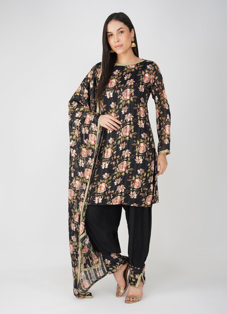 Buy Black Georgette Lurex Printed Suit Set