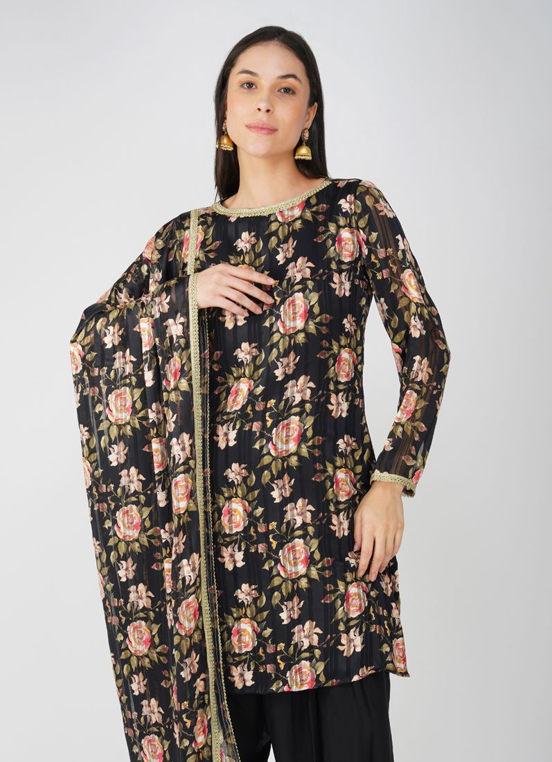 Buy Black Georgette Lurex Printed Suit Set