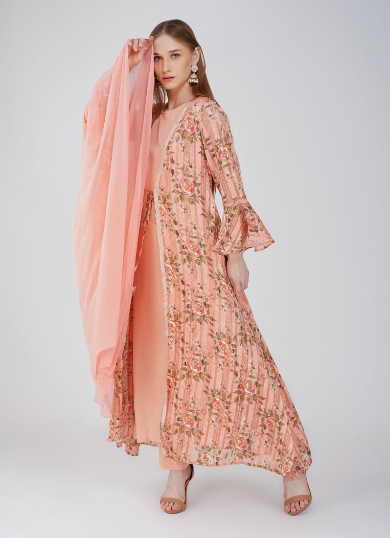 Buy Pink Satin Georgette Jacket Style Suit Set