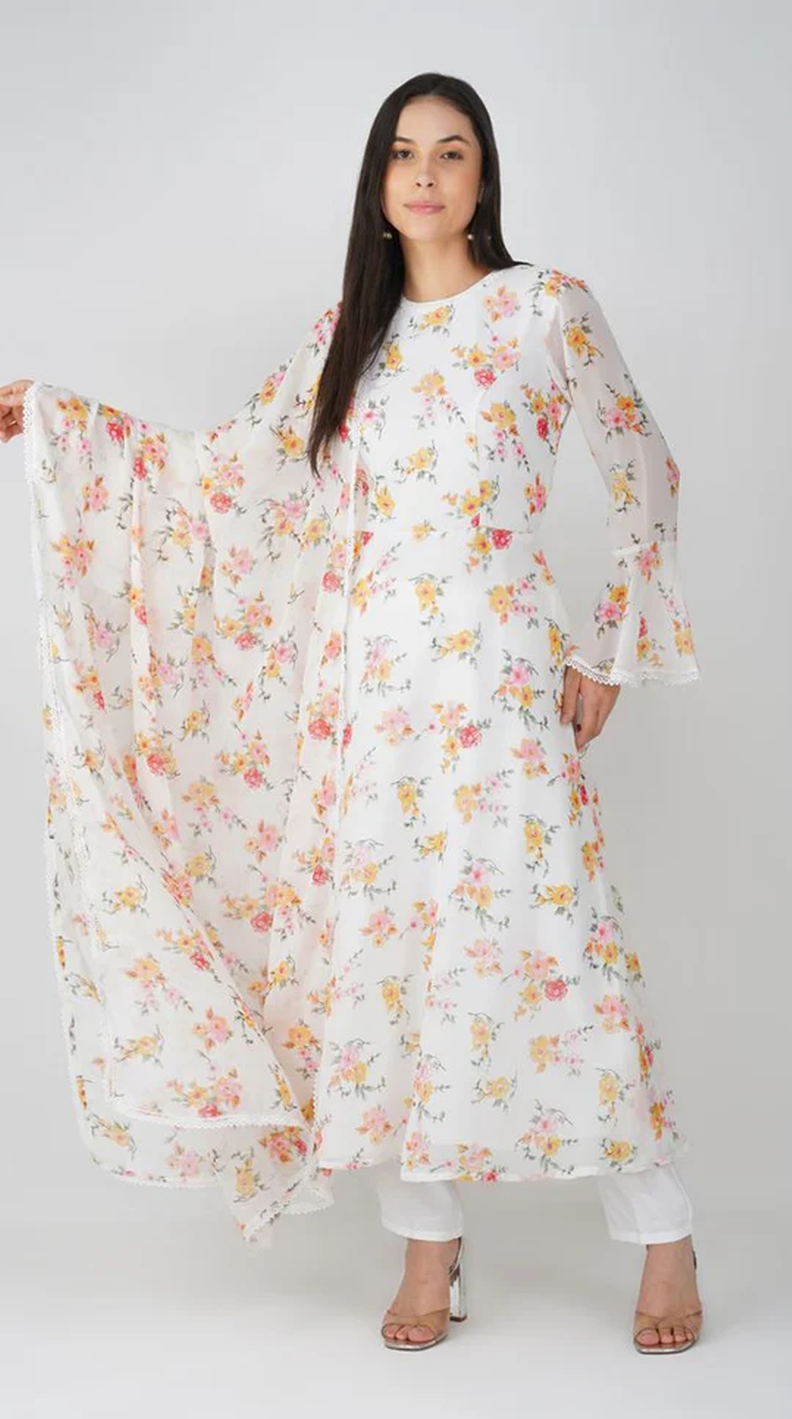 White Floral Printed Bias Cut Suit Set