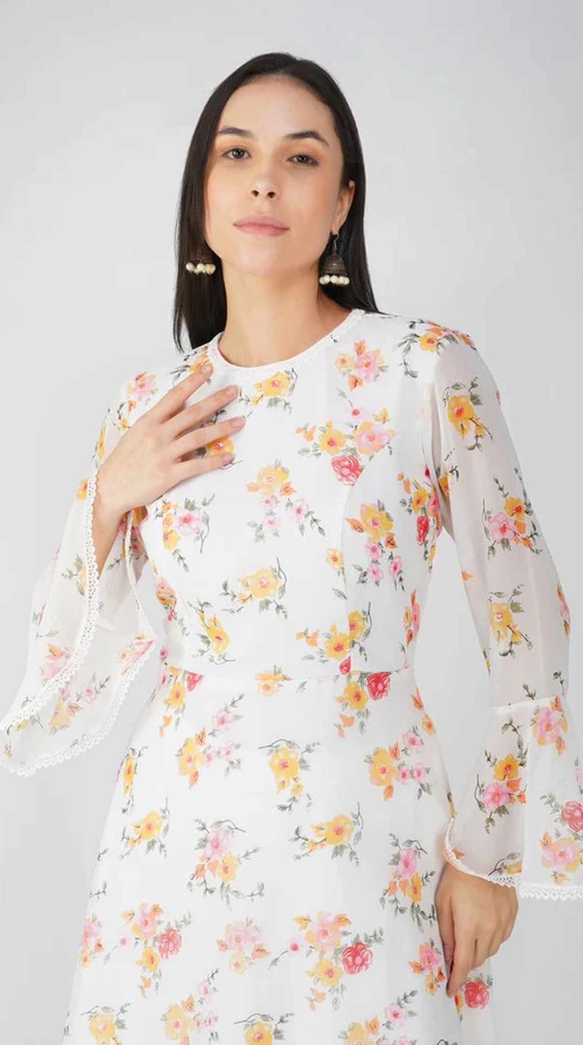 White Floral Printed Bias Cut Suit Set