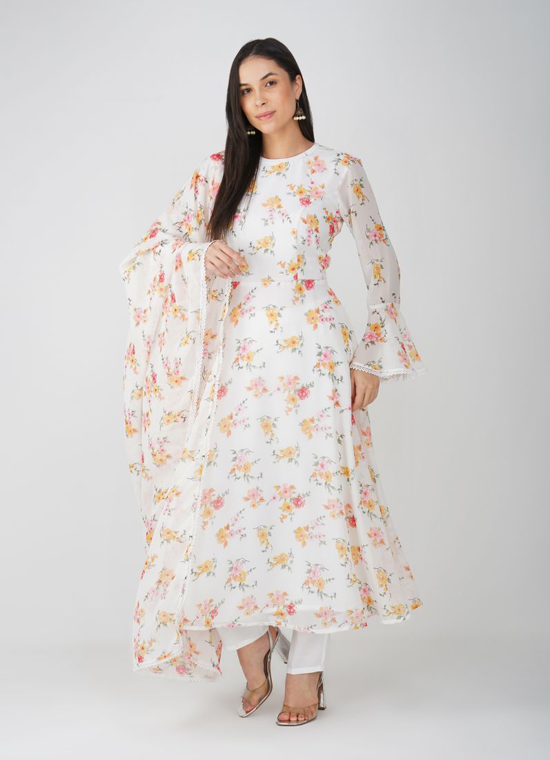 Buy White Floral Printed Bias Cut Suit Set