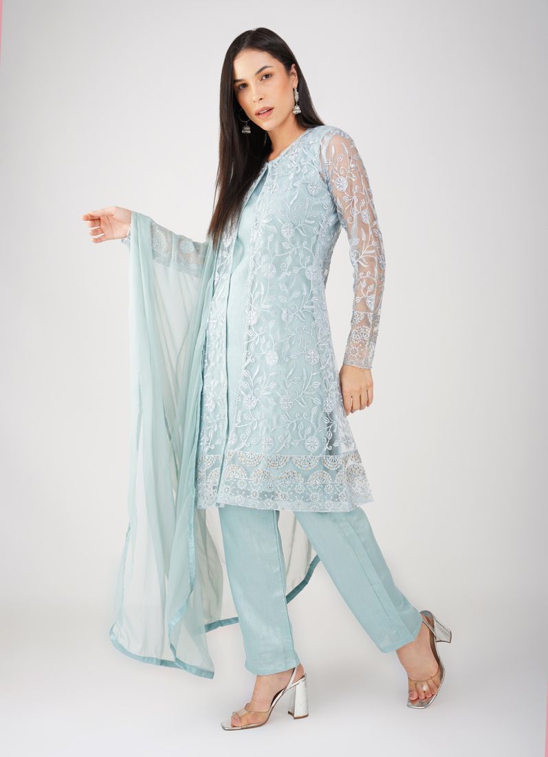 Buy Light Blue Resham Embroidery Jacket Suit Set