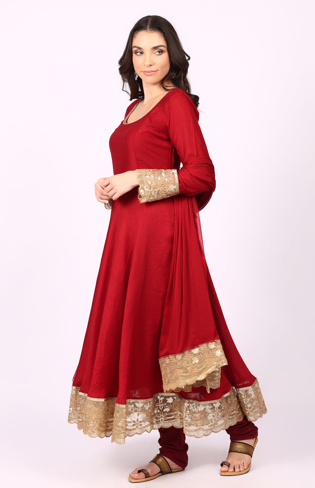 Georgette Maroon Vichitra Bias Cut Suit Set