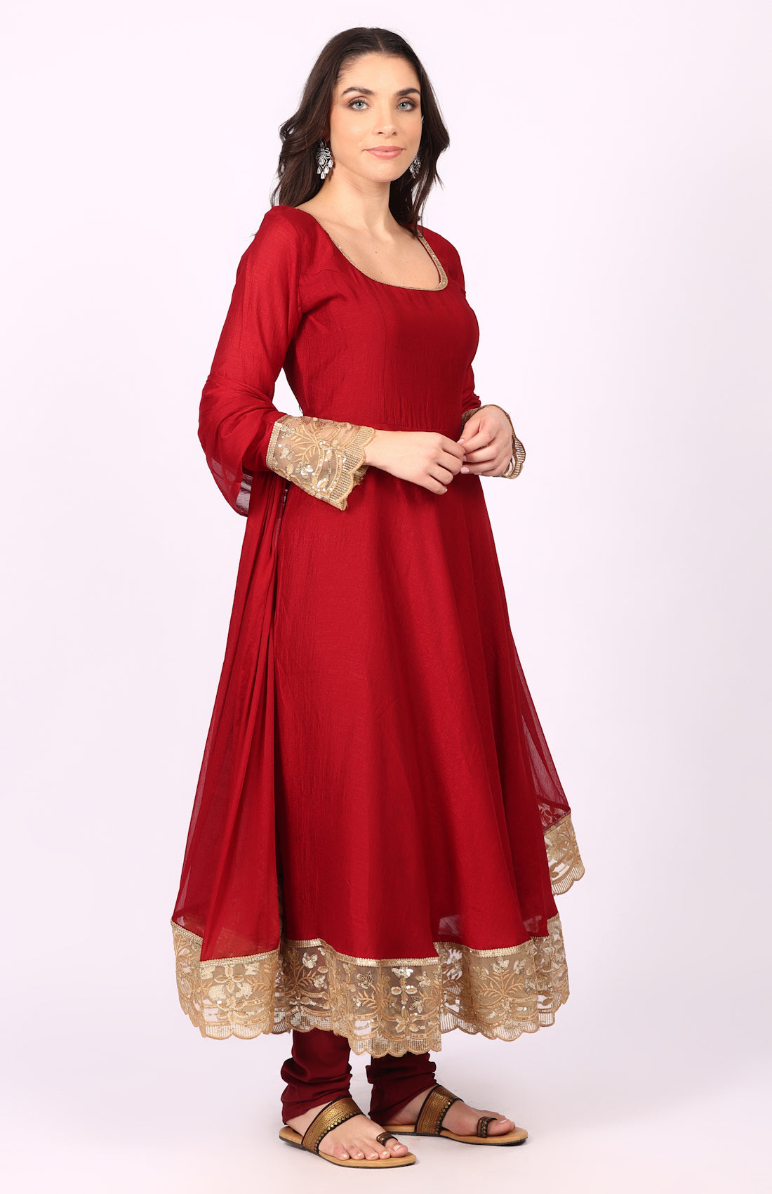 Georgette Maroon Vichitra Bias Cut Suit Set