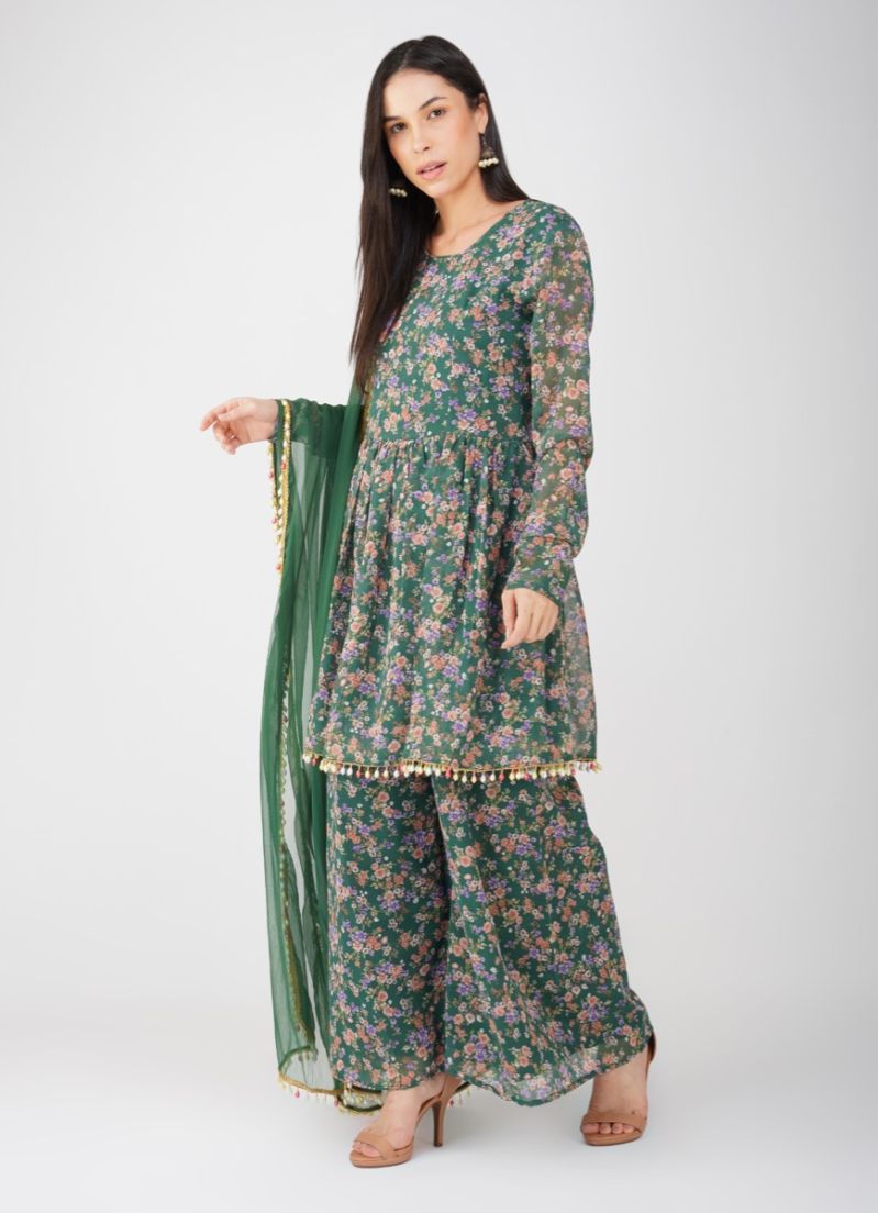 Buy Green Georgette Print On Print Suit