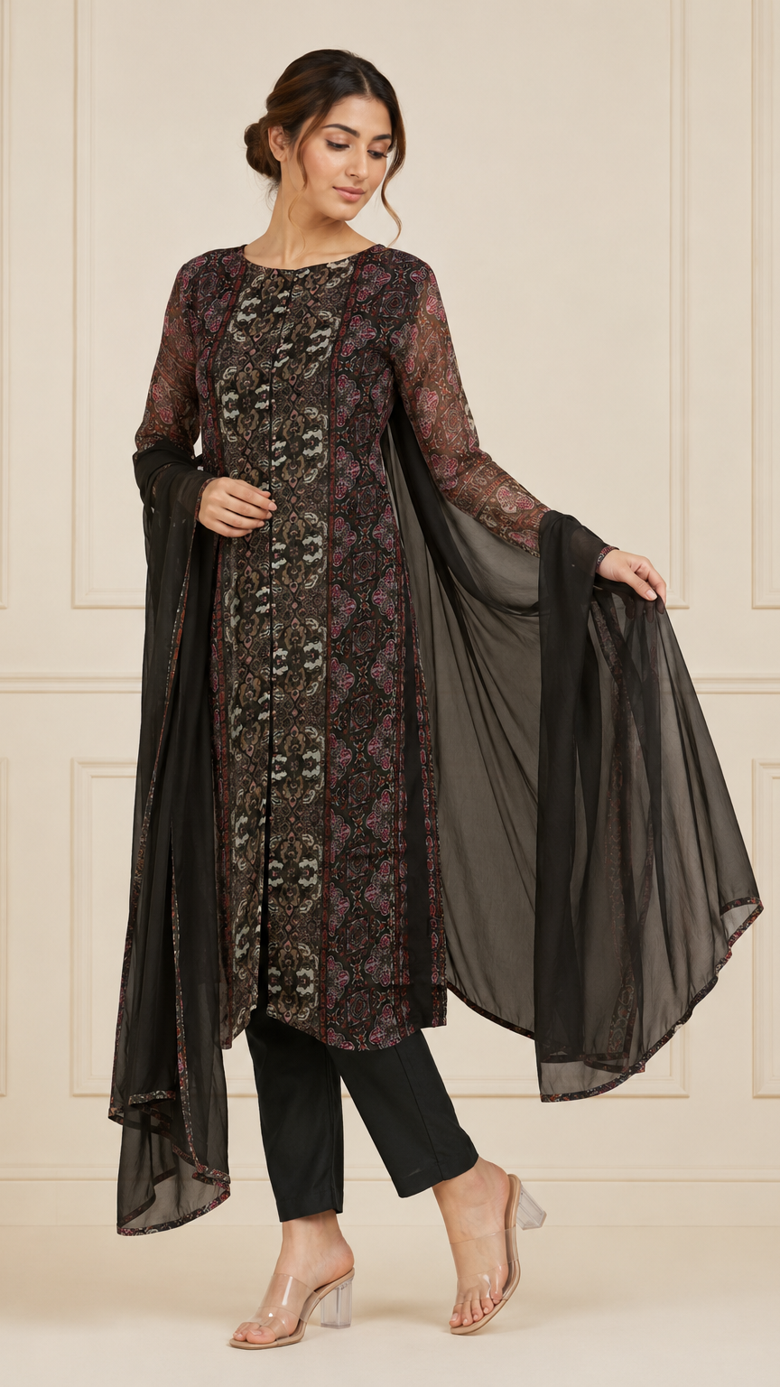 Black and olive women’s printed salwar kameez suit with matching trousers and chiffon dupatta, elegant Asian ethnic wear by Diya Online