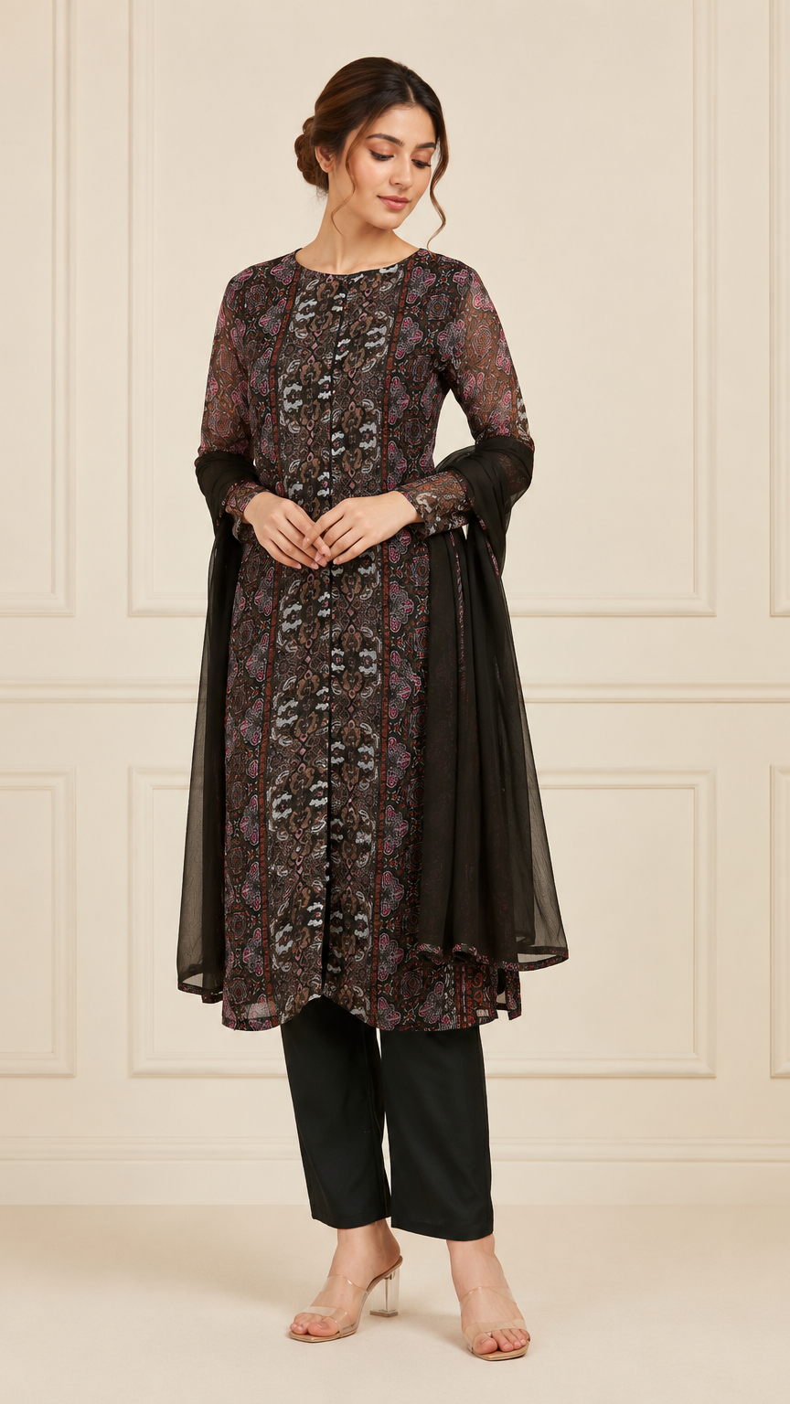 Black and olive women’s printed salwar kameez suit with matching trousers and chiffon dupatta, elegant Asian ethnic wear by Diya Online