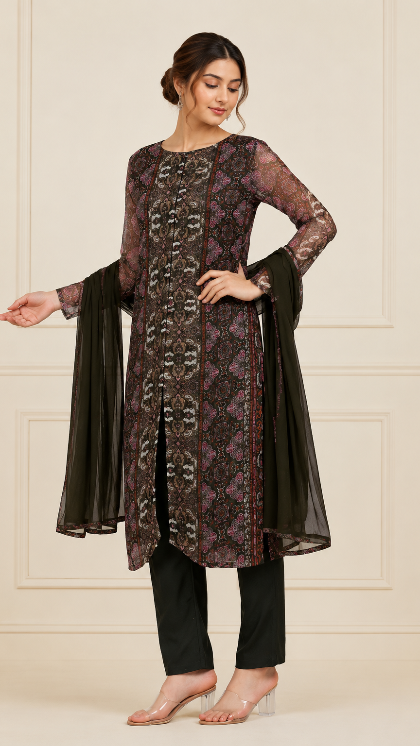 Black and olive women’s printed salwar kameez suit with matching trousers and chiffon dupatta, elegant Asian ethnic wear by Diya Online