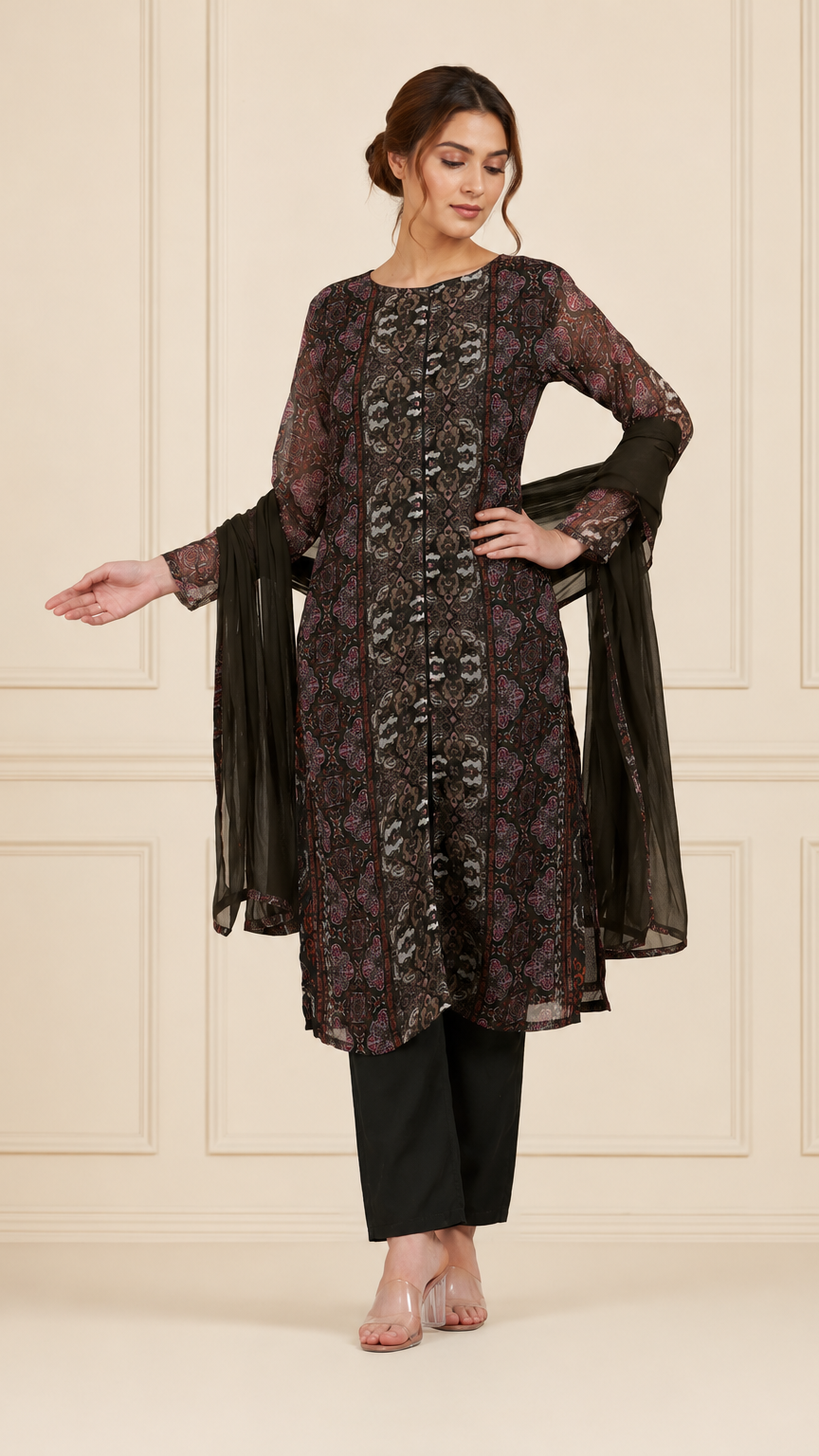 Black and olive women’s printed salwar kameez suit with matching trousers and chiffon dupatta, elegant Asian ethnic wear by Diya Online