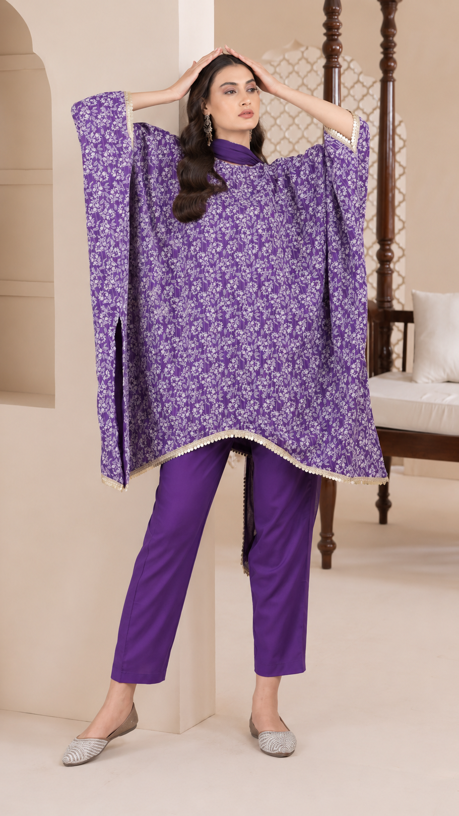 Purple women’s printed poncho salwar kameez suit with matching trousers and chiffon dupatta, elegant Asian ethnic wear by Diya Online