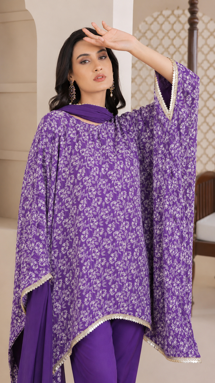 Purple women’s printed poncho salwar kameez suit with matching trousers and chiffon dupatta, elegant Asian ethnic wear by Diya Online