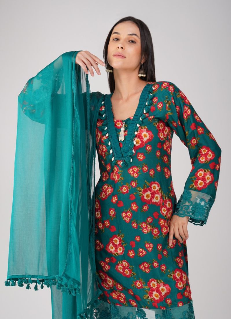 Buy Teal Muslin Printed Suit Set