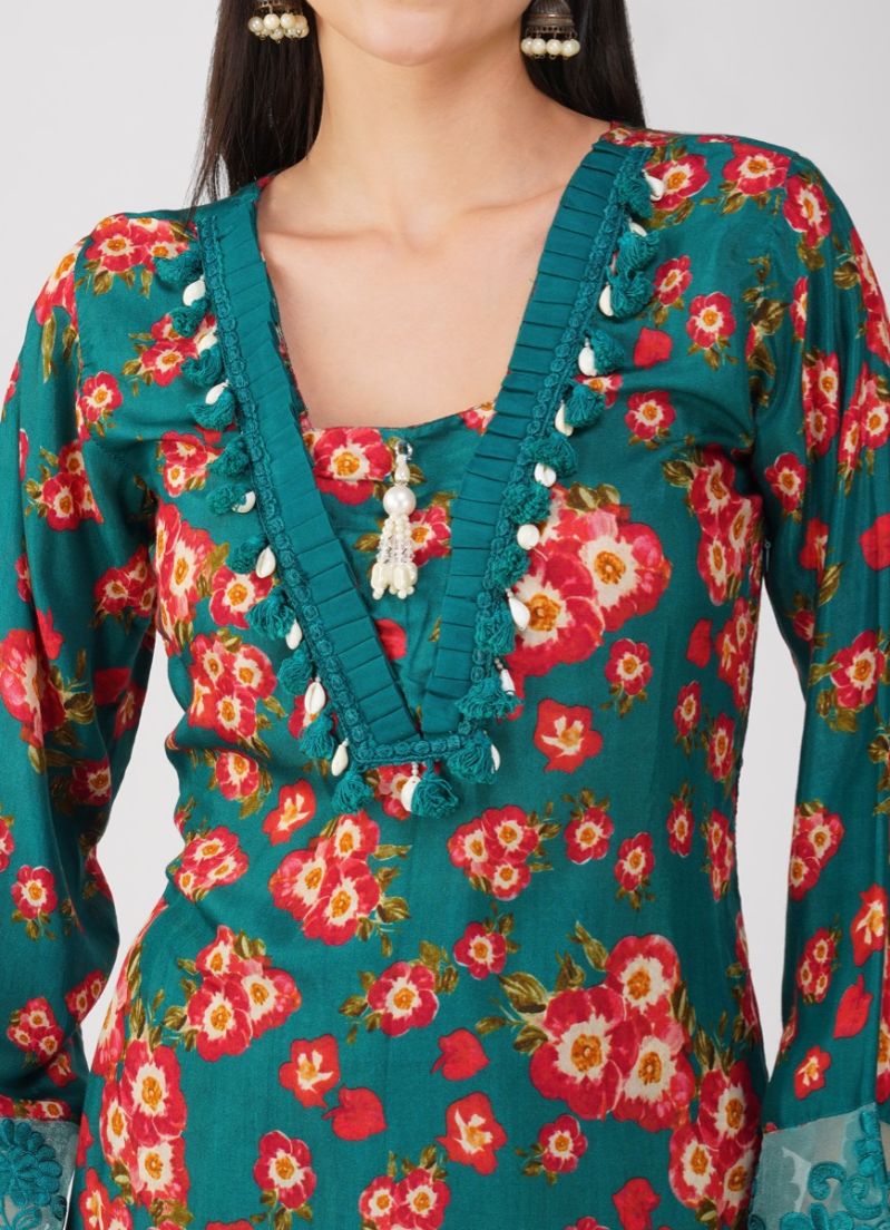 Buy Teal Muslin Printed Suit Set