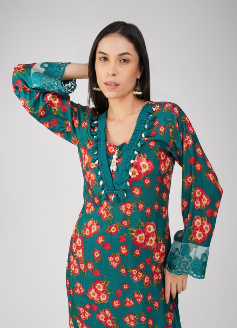 Buy Teal Muslin Printed Suit Set
