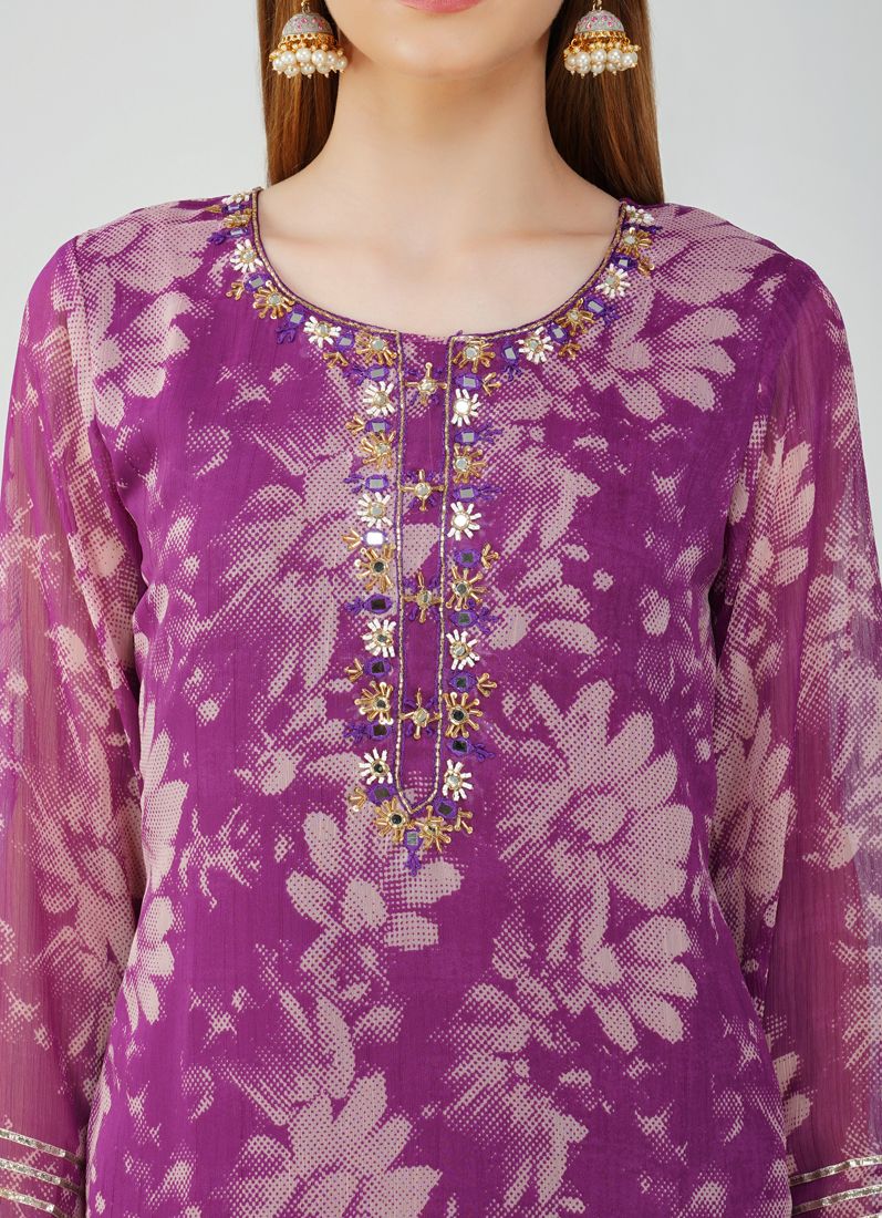 Buy Purple Georgette Printed Suit Set