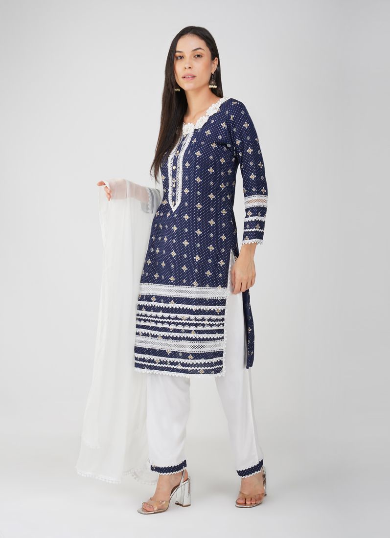 Buy Blue Rayon Straight Cut Printed Suit Set