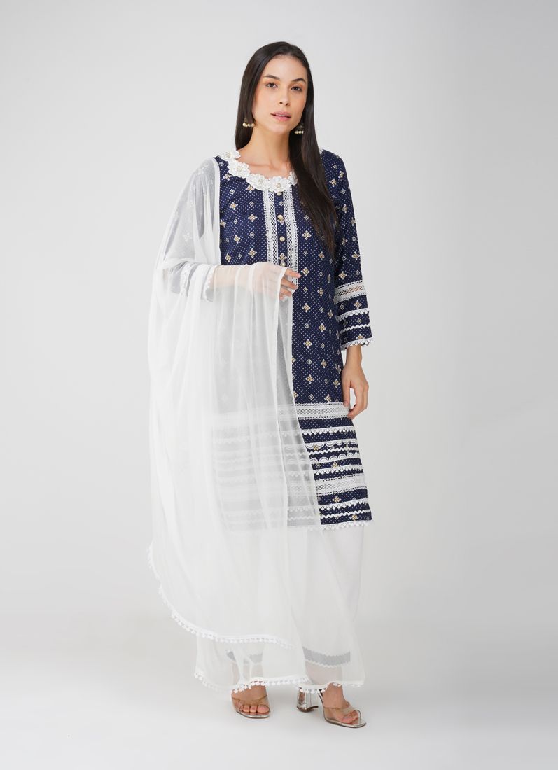 Buy Blue Rayon Straight Cut Printed Suit Set
